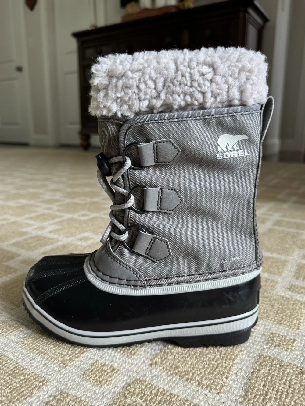 Sorel Yoot Pac Nylon Waterproof Snow Boots Quarry Dove Gray Black Kids Size 1